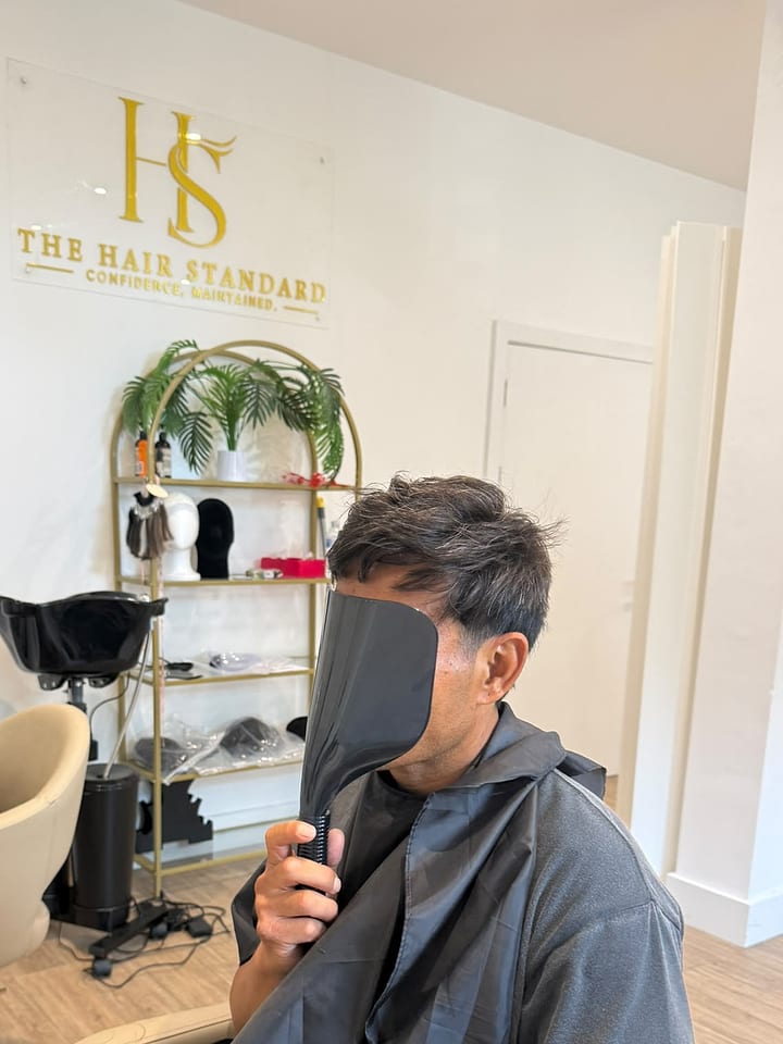 Real client 3 after hair system, side view, finished look